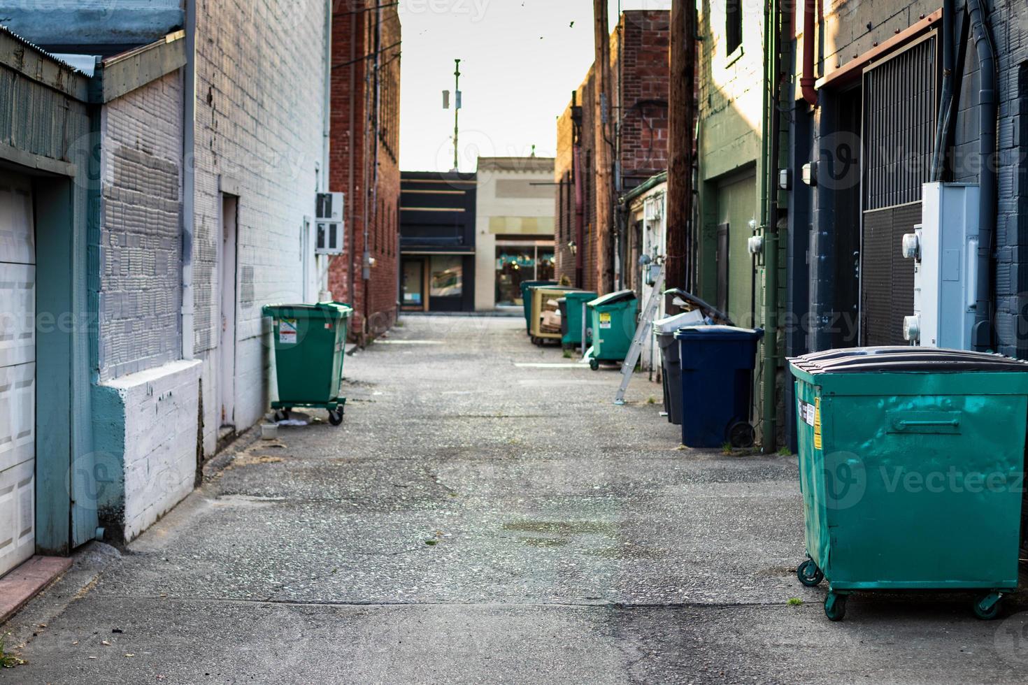 callejón de la ciudad con basura, basureros y botes de basura foto