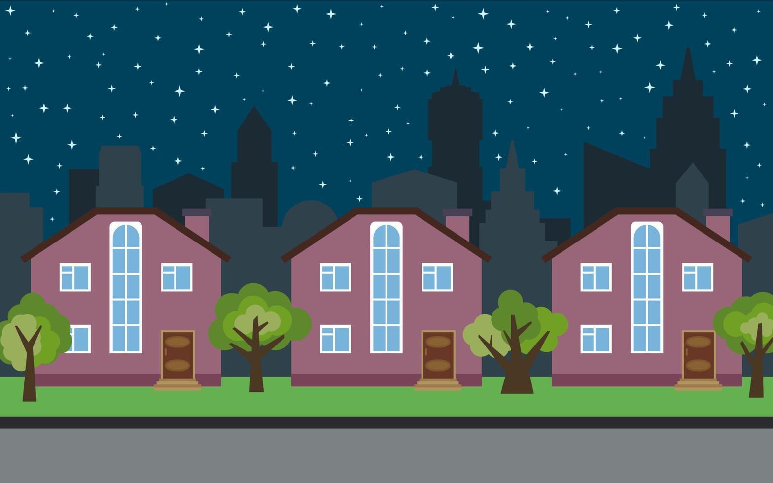 Vector city with three two-story cartoon houses and green trees at night. Summer urban landscape. Street view with cityscape on a background