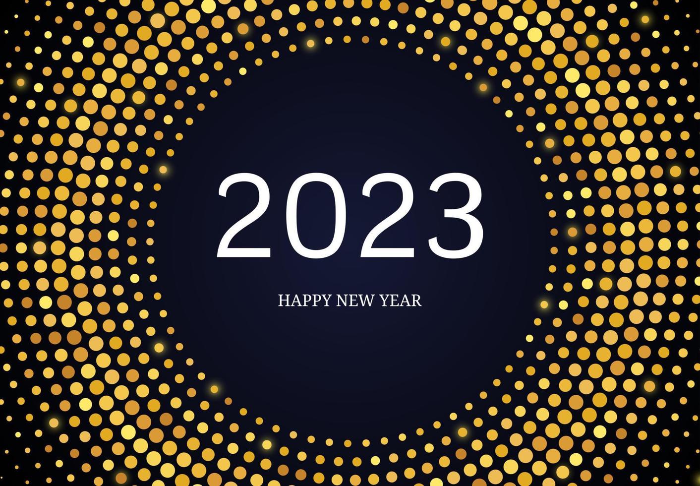 2023 Happy New Year of gold glitter pattern in circle form. Abstract gold glowing halftone dotted background for Christmas holiday greeting card on dark background. Vector illustration