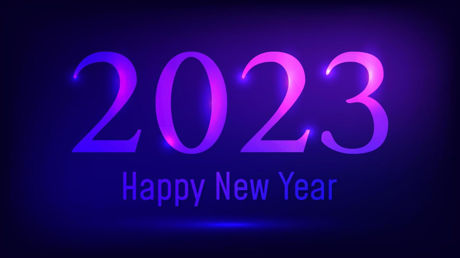 2023 Happy New Year neon background. Abstract neon backdrop with lights for Christmas holiday greeting card, flyers or posters. Vector illustration