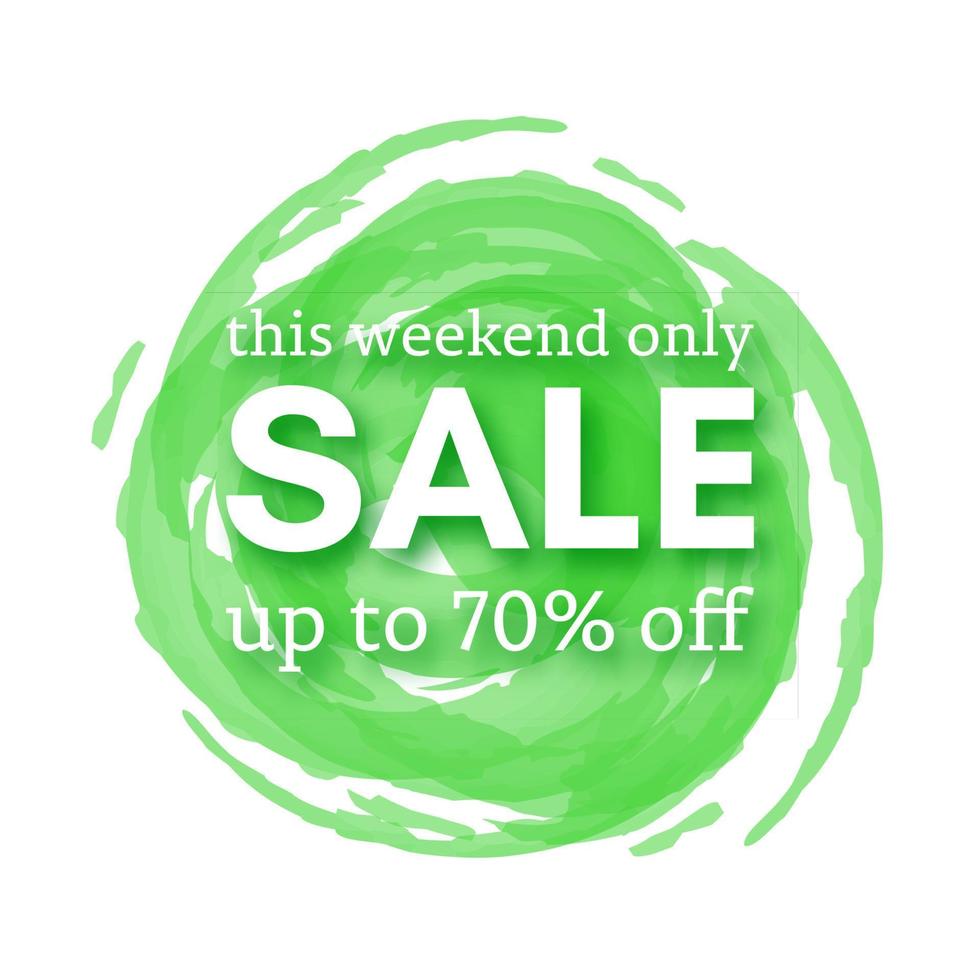 Sale this weekend only up to 70 off sign with shadow over red watercolor spot. Vector illustration