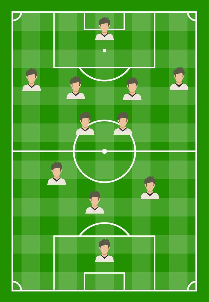 Football field with green grass and with eleven players. Vector illustration