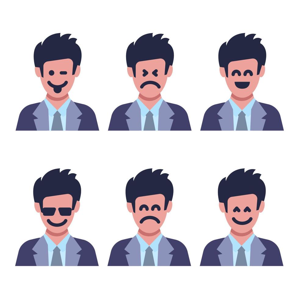 Set of six men with different facial emotions. Human face with emoji character. Vector illustration