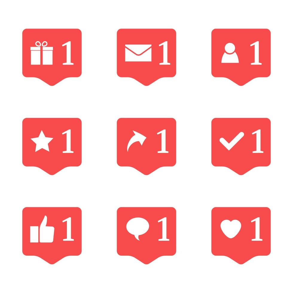 Set of nine notifications in social media. Heart, star, follower, message, check, gift, comment, like, repost. Vector illustration.