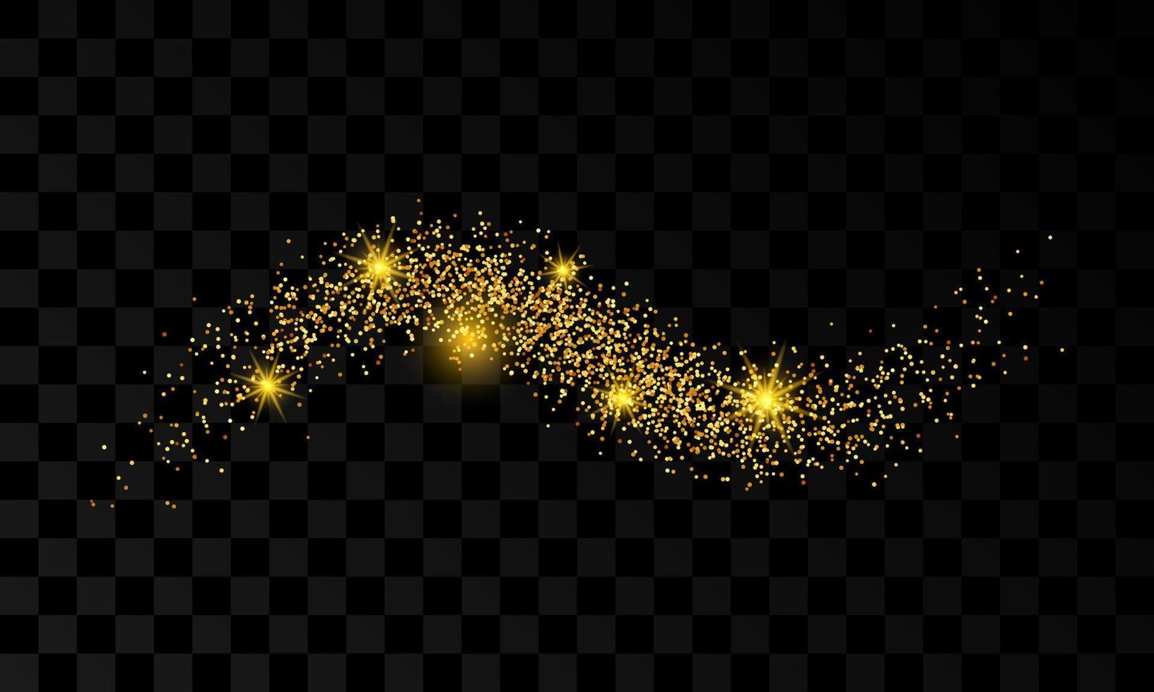 Light wave with gold glitter effect on a dark transparent background. Abstract swirl lines. Vector illustration