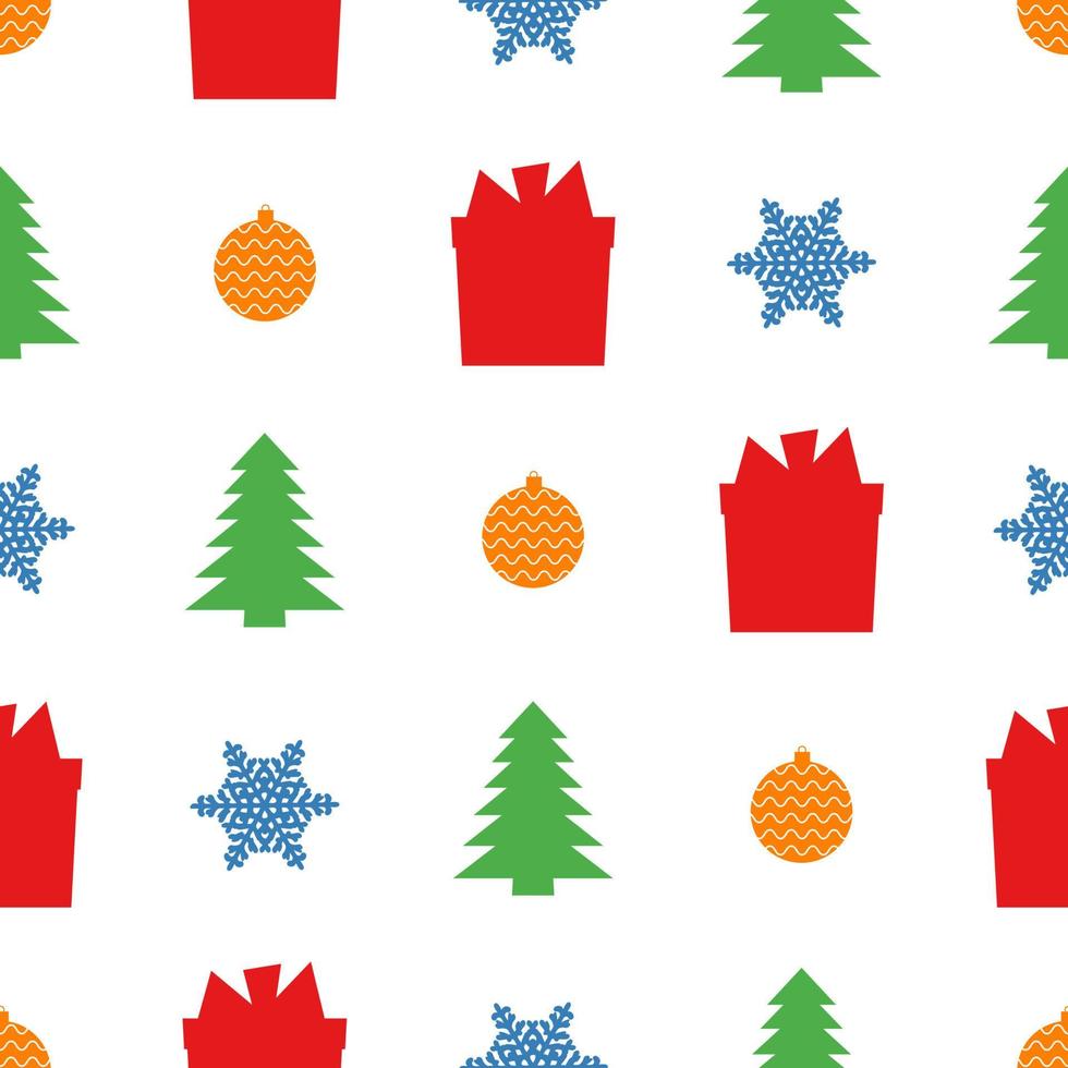 Christmas semless pattern with snowflake, christmas ball, gift box and Christmas tree on white background. Vector illustration