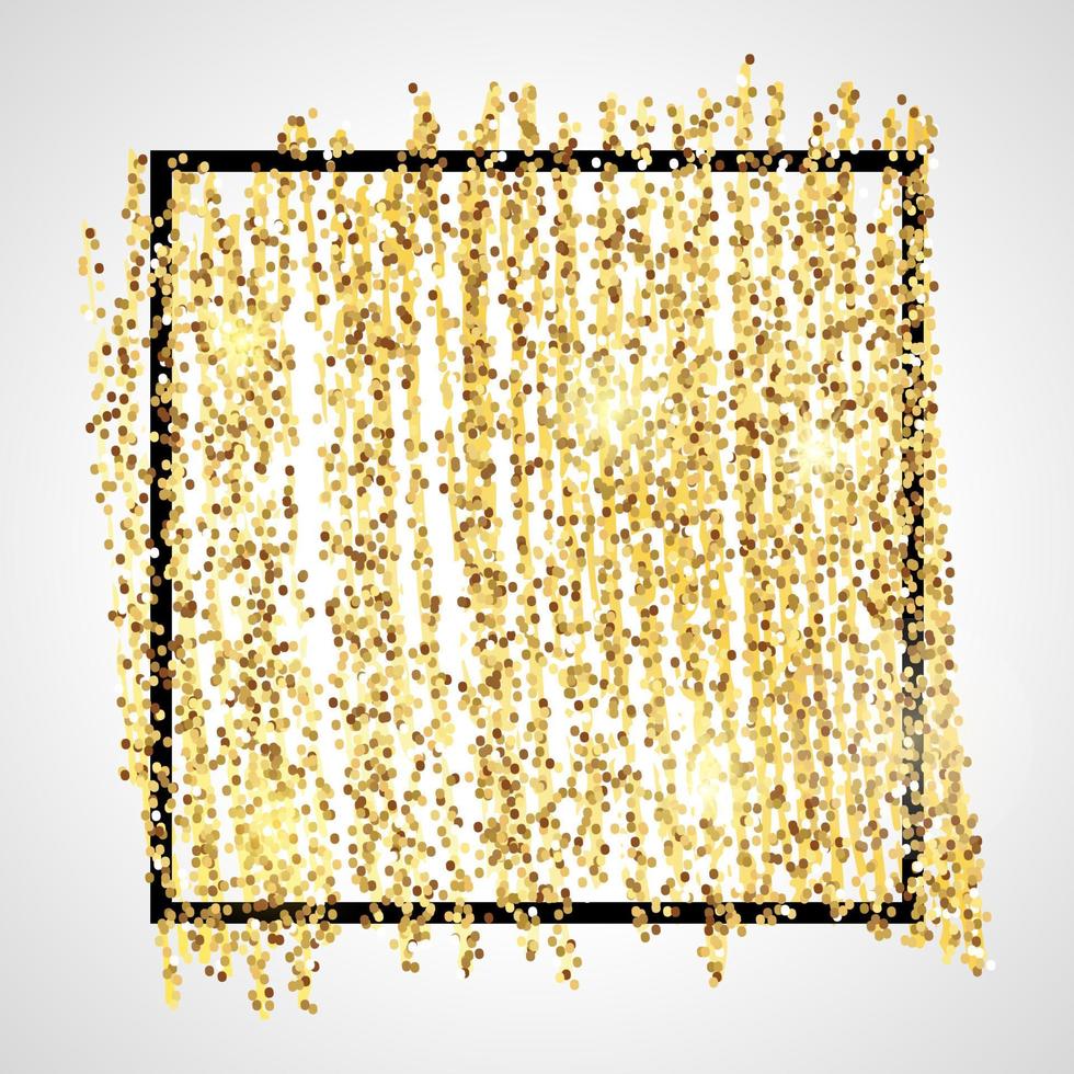 Golden Paint Glittering backdrop with black square frame on a white background. Background with gold sparkles and glitter effect. Empty space for your text. Vector illustration