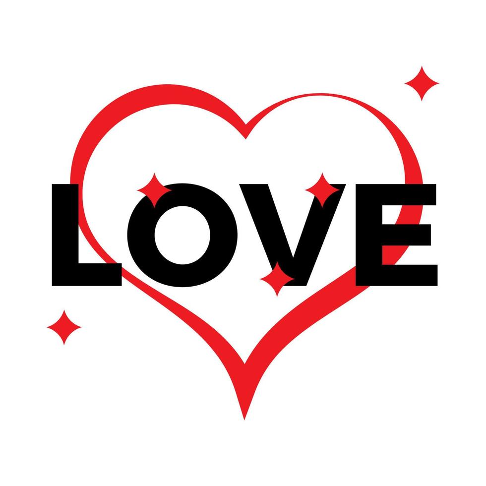 Red heart outline on a white background with black inscription Love. Vector illustration.