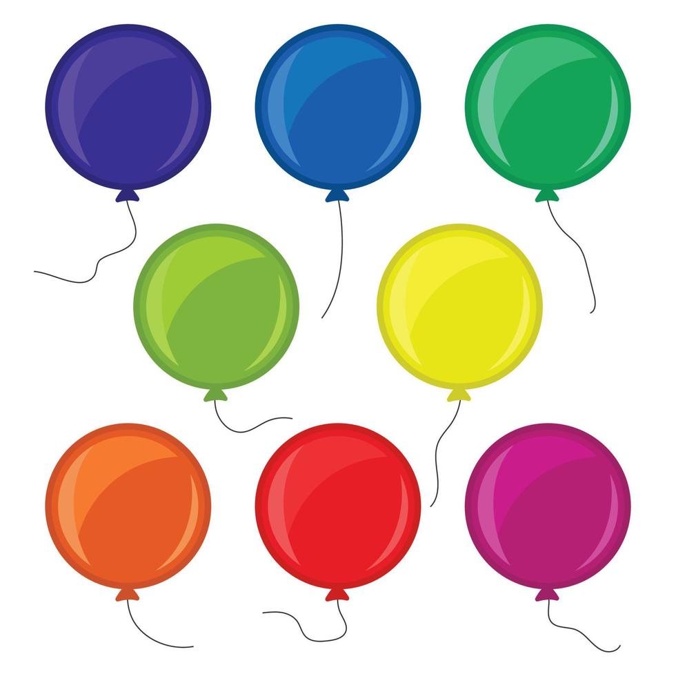 Set of eight colorful balloons with a string isolated on white background. Vector illustration