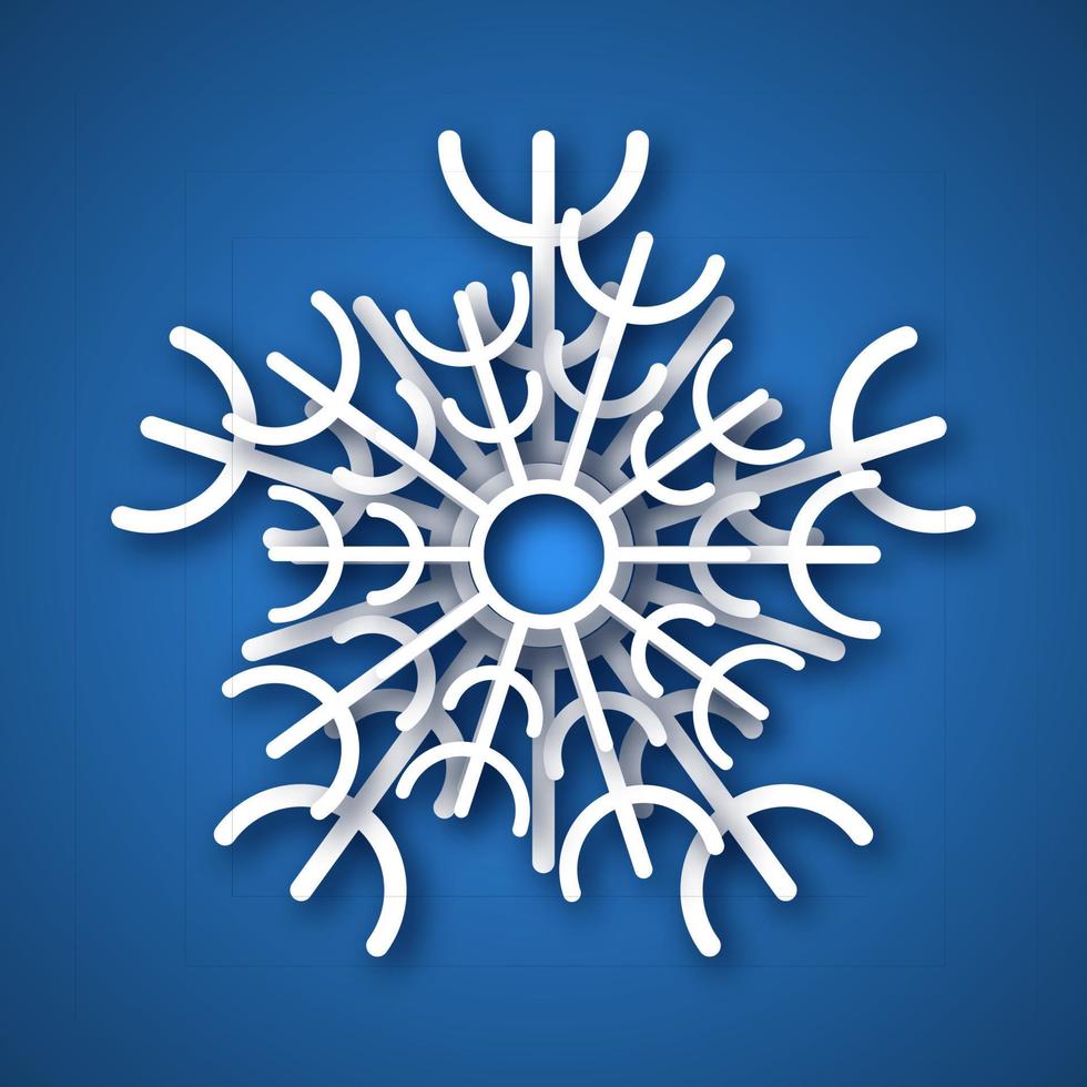 Paper cut snowflake. White snowflake on blue background. Christmas and New Year decoration elements. Vector illustration