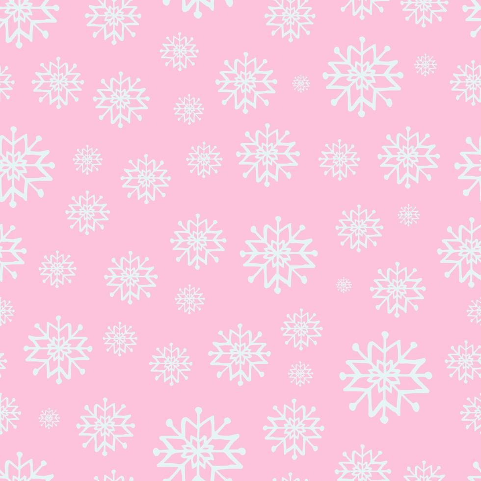 Seamless background of hand drawn snowflakes. White snowflakes on pink background. Christmas and New Year decoration elements. Vector illustration.