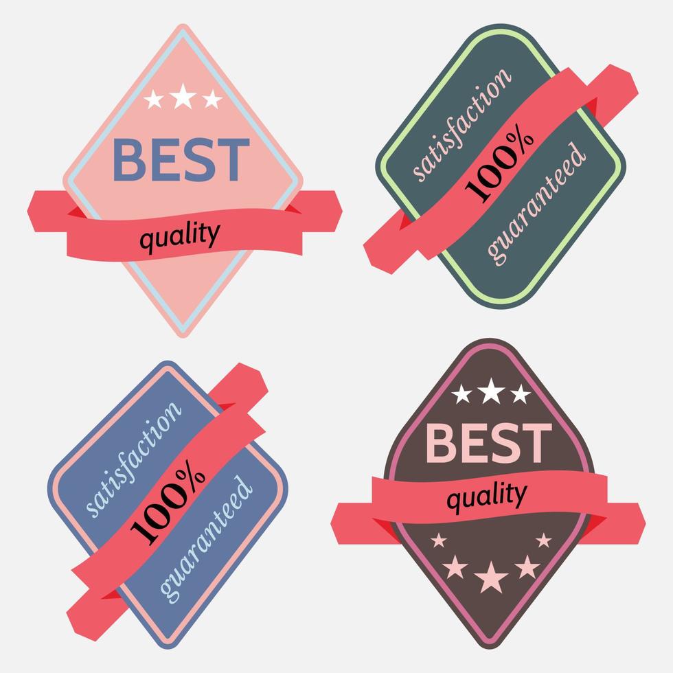 Set of Vector Badges with Ribbons and the Words Best quality and 100 satisfaction guaranteed. Isolated vector illustration