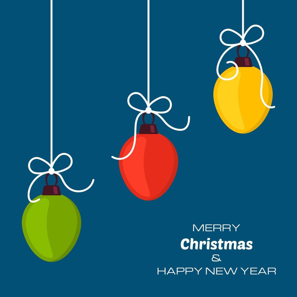 Merry Christmas and Happy New Year blue background with three christmas balls. Vector background for your greeting cards, invitations, festive posters.