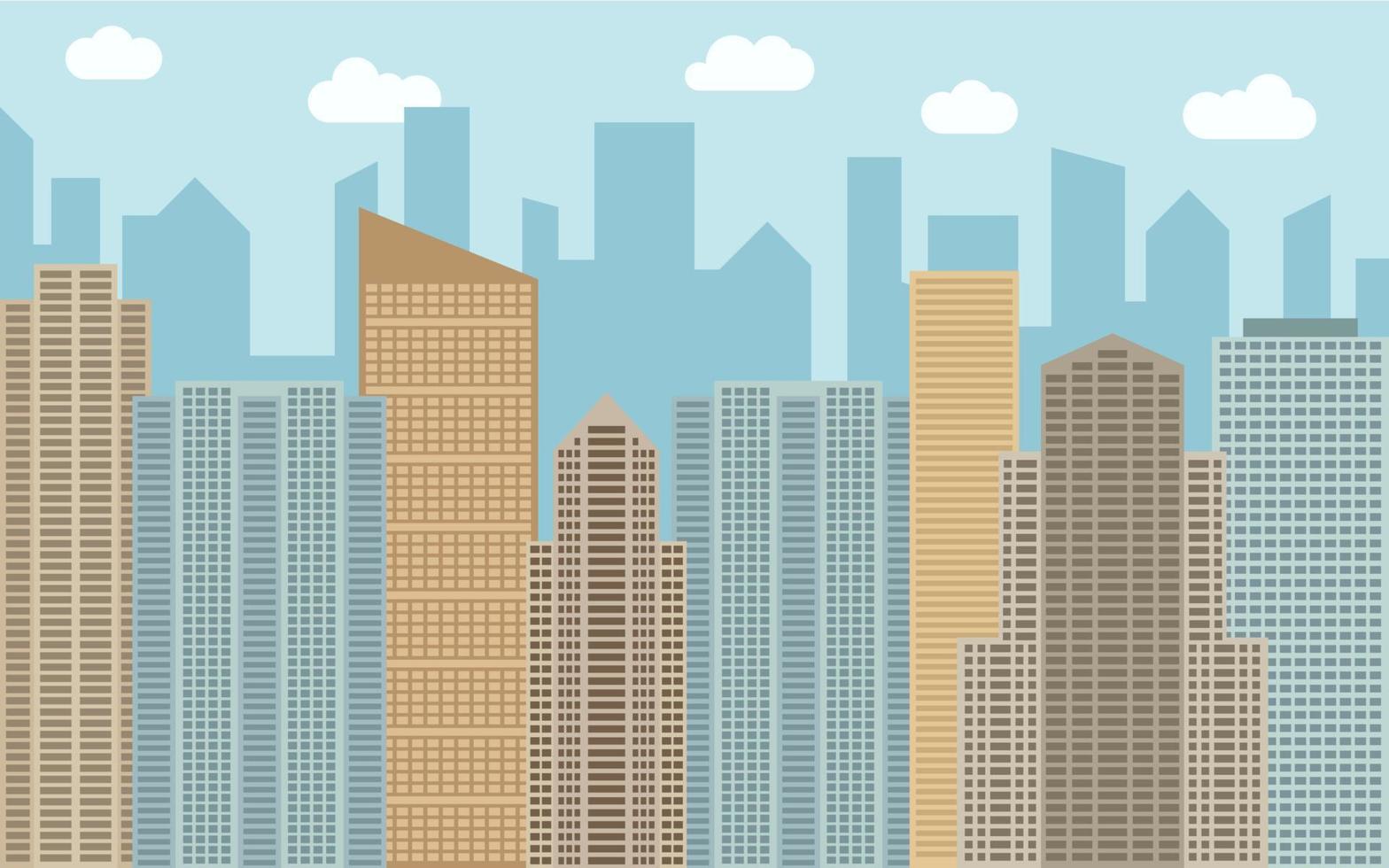 Vector urban landscape illustration. Street view with cityscape, skyscrapers and modern buildings at sunny day. City space in flat style background concept.