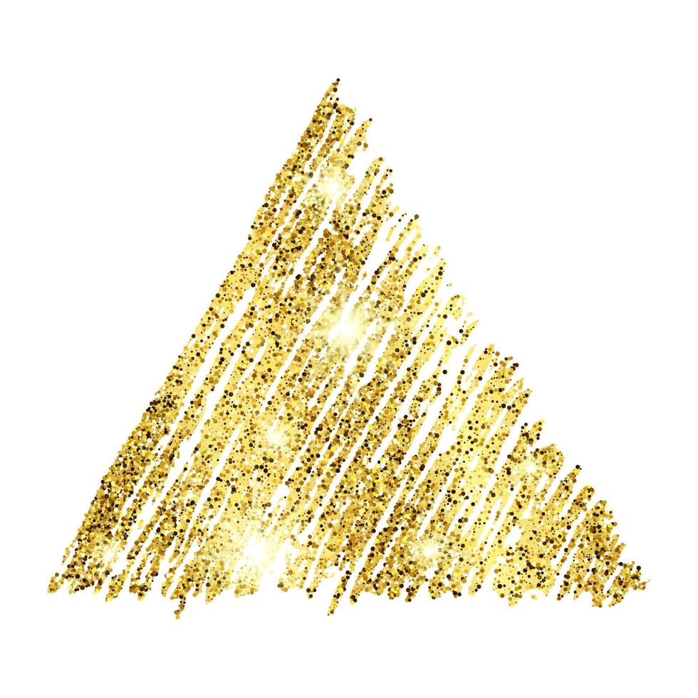 Golden paint hand drawn glittering triangle on a white background. Background with gold sparkles and glitter effect. Empty space for your text. Vector illustration