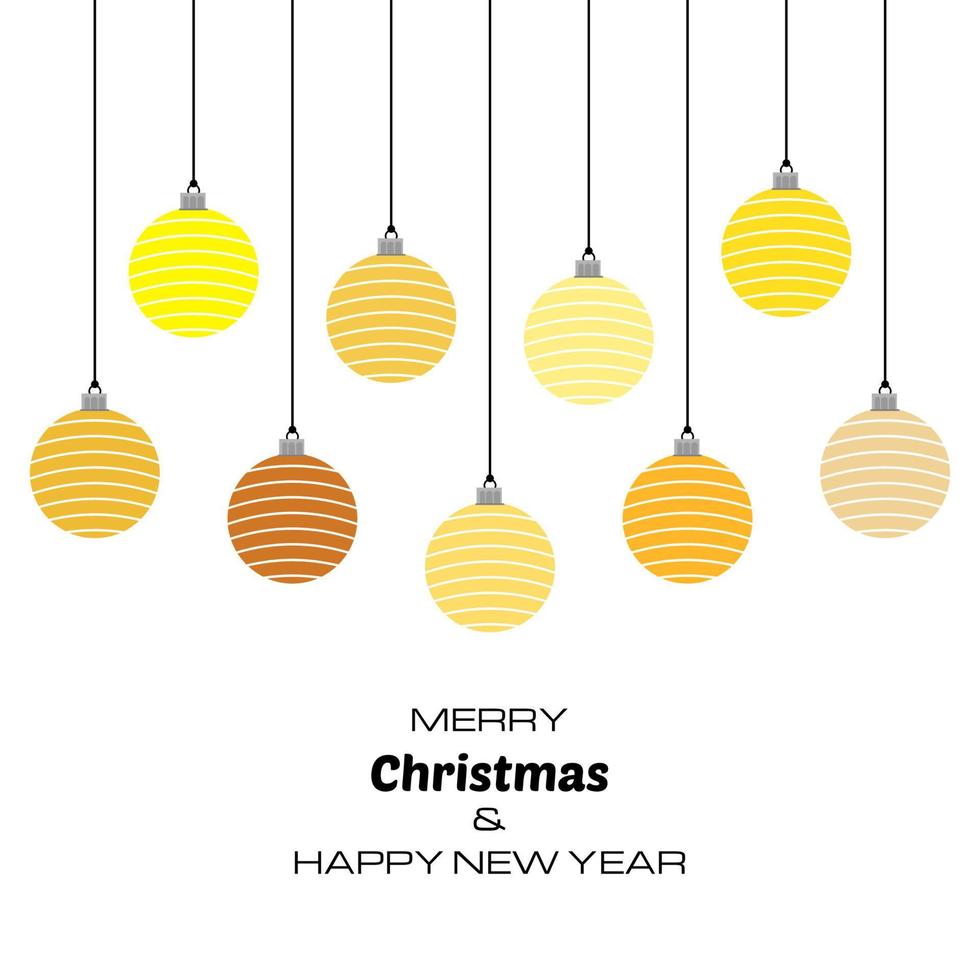 Merry Christmas and Happy New Year background with yellow christmas balls. Vector background for your greeting cards, invitations, festive posters.