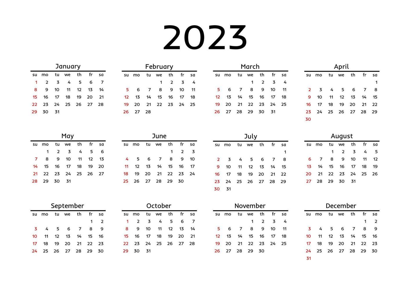 Salendar for 2023 isolated on a white background. Sunday to Monday, business template. Vector illustration