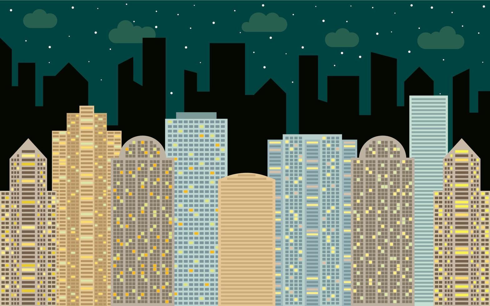 paisaje urbano nocturno. vista de la calle con paisaje urbano, rascacielos y edificios modernos en un día soleado. espacio de la ciudad en concepto de fondo de estilo plano. vector
