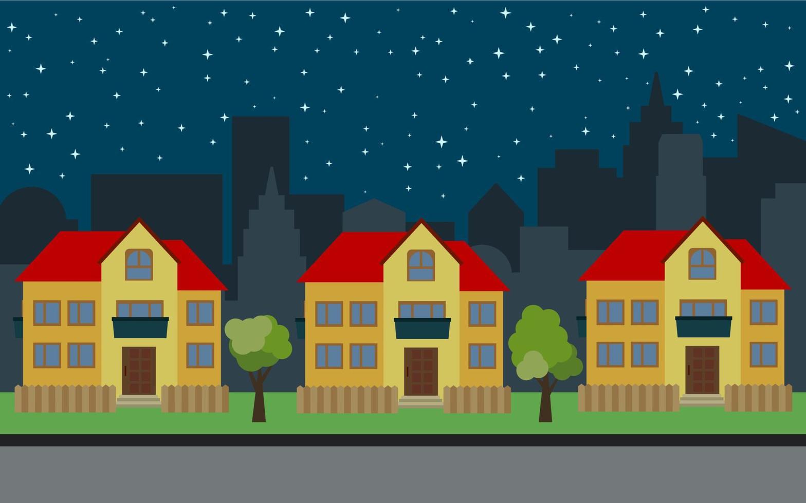 Vector city with three two-story cartoon houses and green trees at night. Summer urban landscape. Street view with cityscape on a background