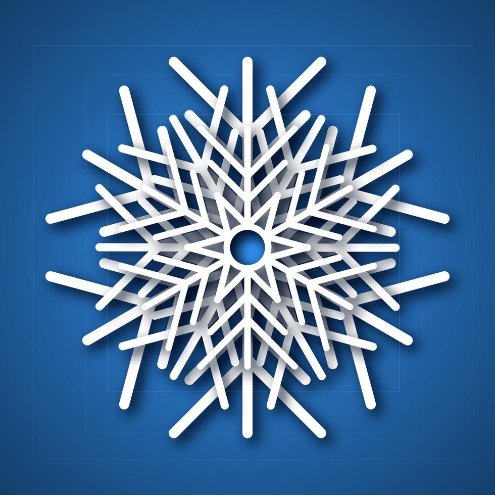 Paper cut snowflake. White snowflake on blue background. Christmas and New Year decoration elements. Vector illustration