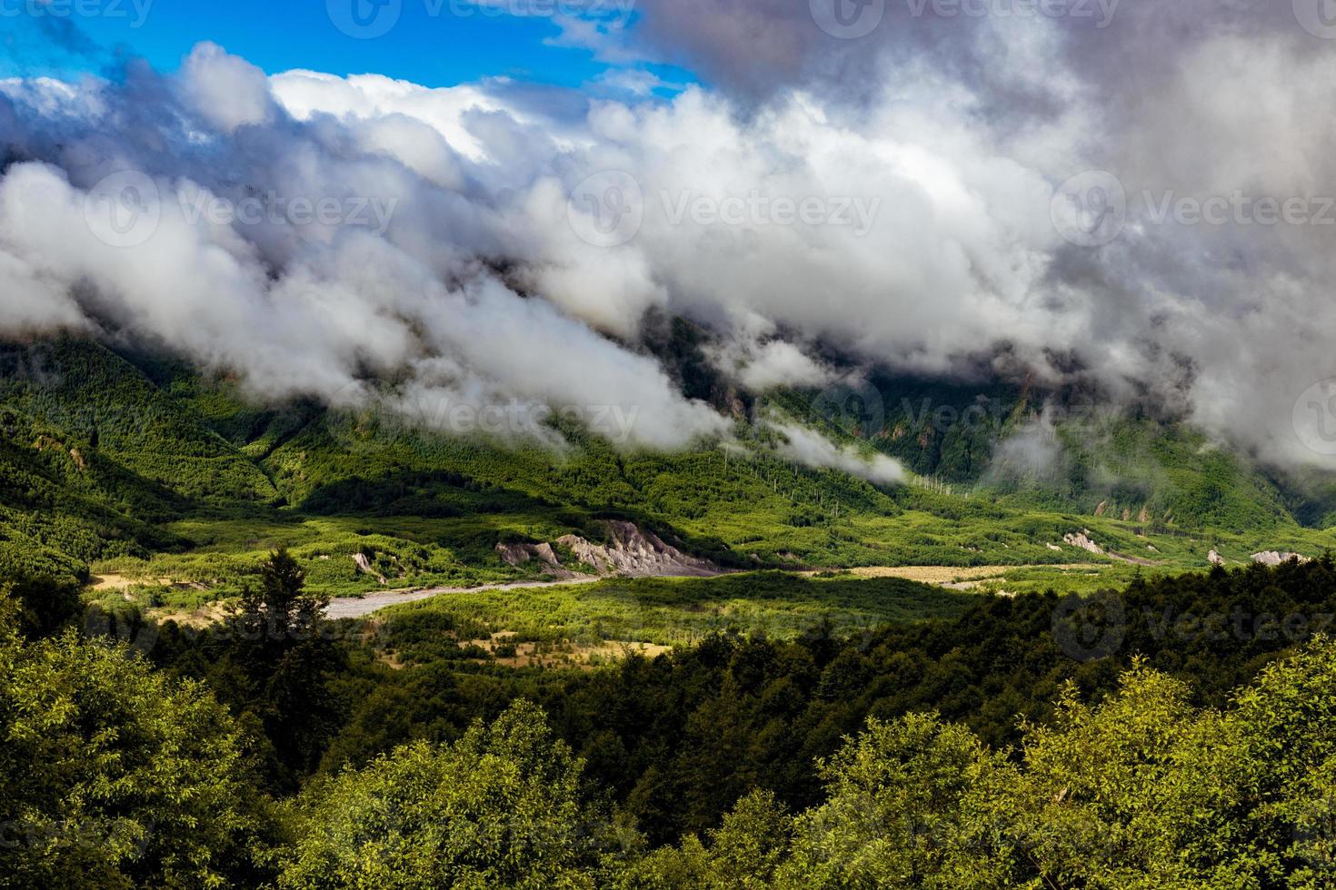Mt. St. Helens area foggy cloudy forest valley with river photo
