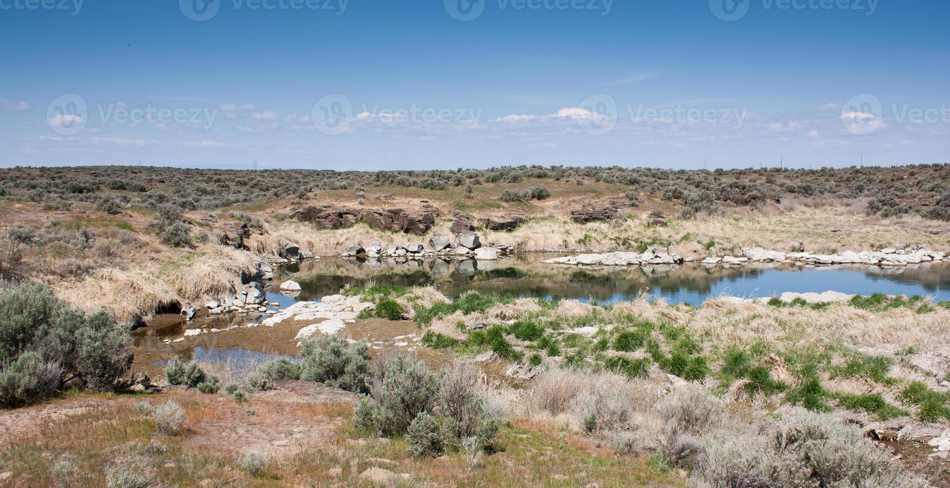 Rocky desert lake shore with grass and blue sky photo