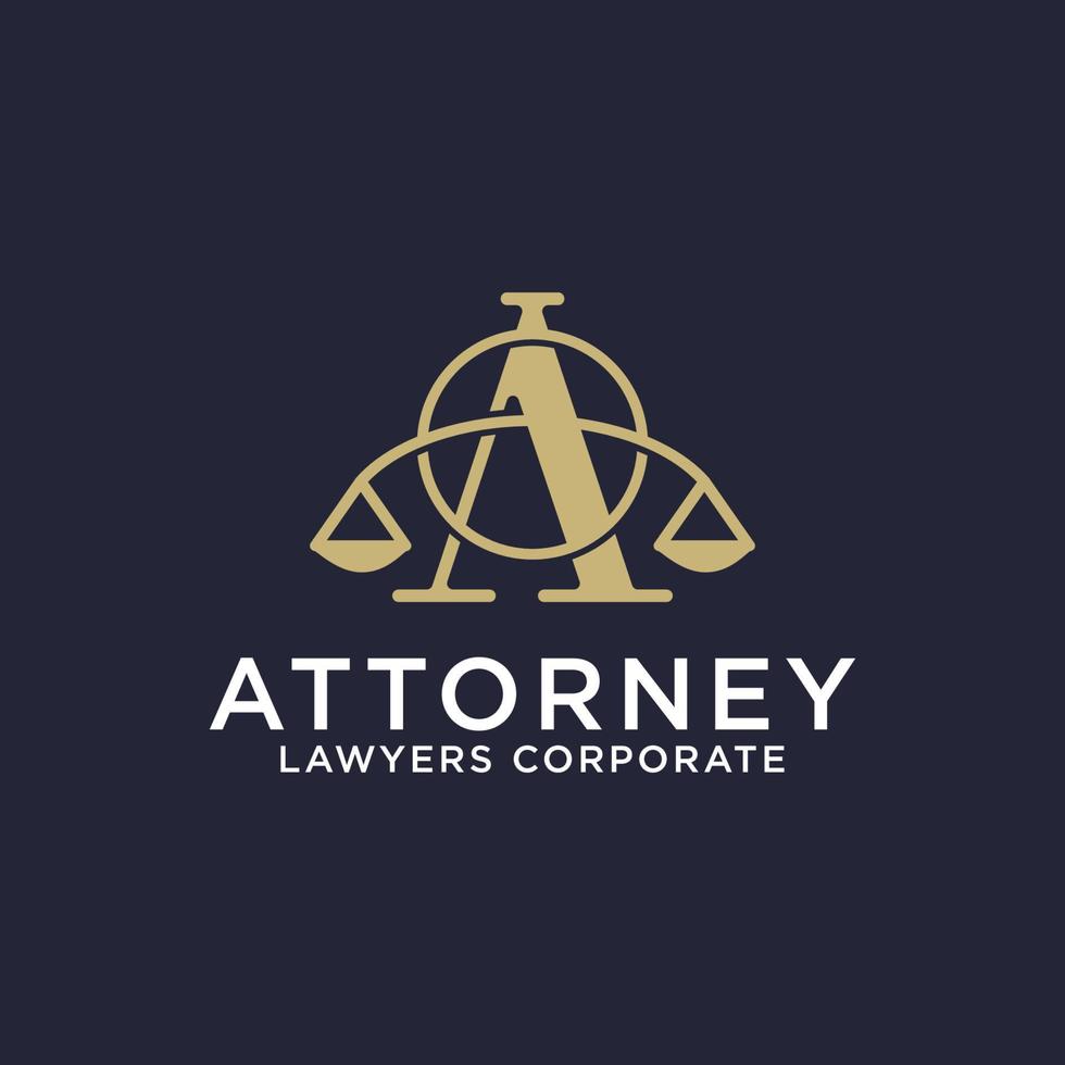 Luxury Attorney law firm logo design, letter A logo icon with scales and shape vector illustrations