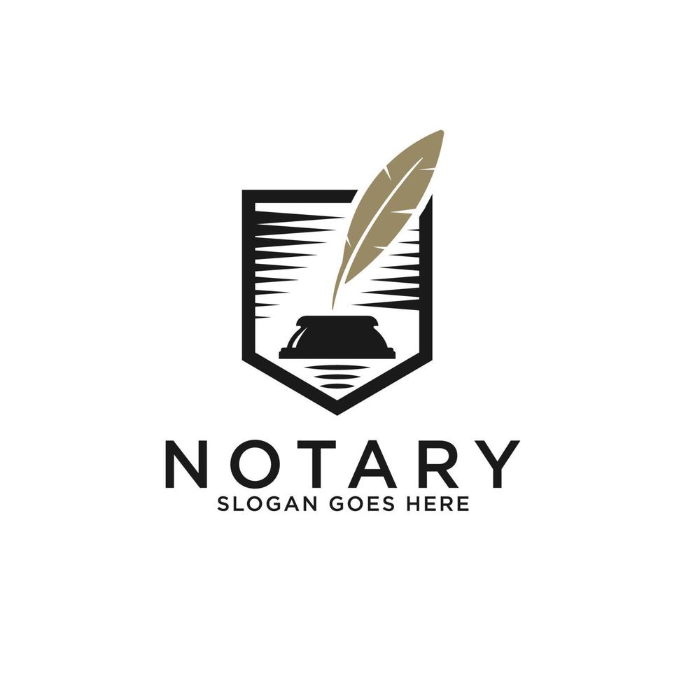 Elegant Notary lawyer logo designs,  golden pen notary with shield shape vector illustrations