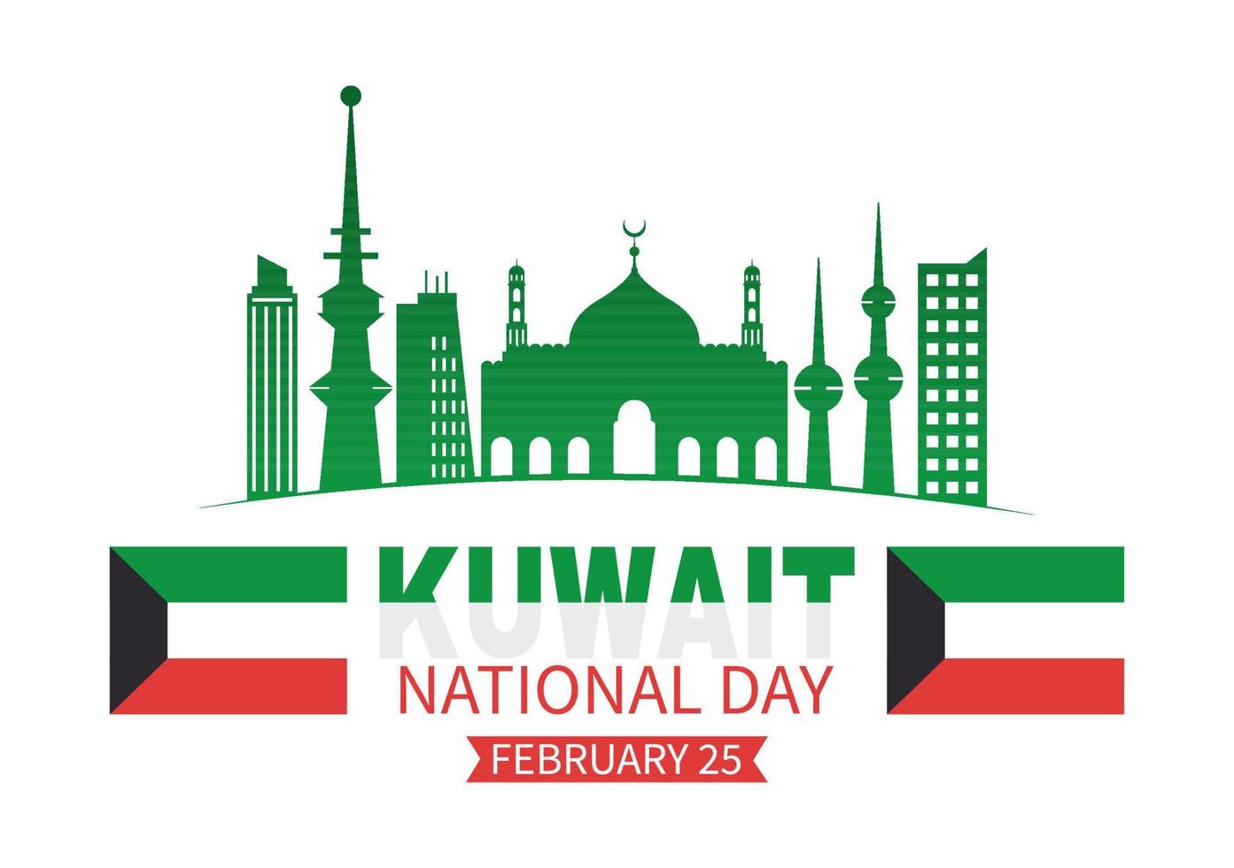 National Kuwait Day on February 25th with Waving Flag and Independence Celebration in Flat Cartoon Hand Drawn Templates Illustration vector