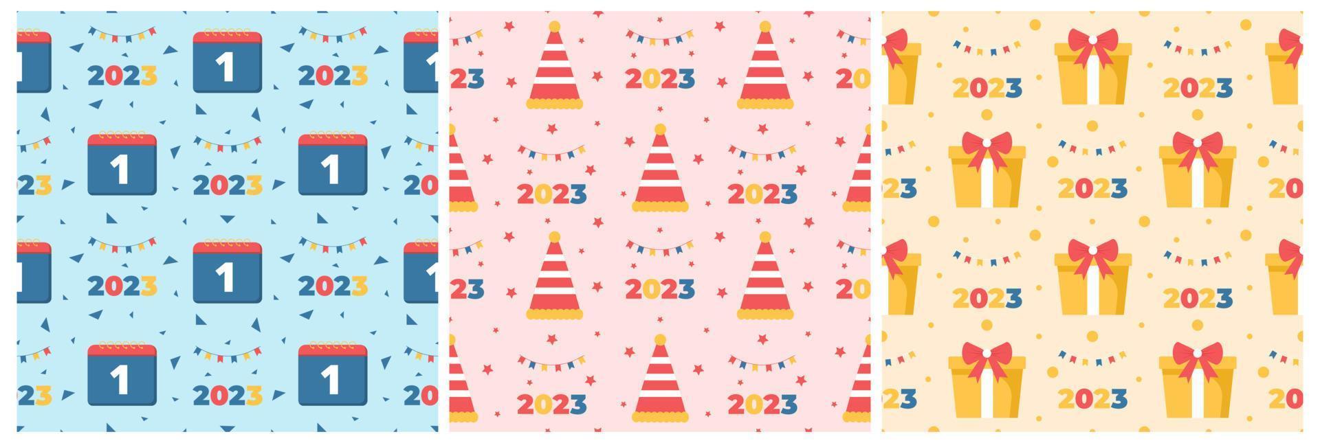 Set of Happy New Year 2023 Seamless Pattern Design with Decoration in Template Hand Drawn Cartoon Flat Illustration vector