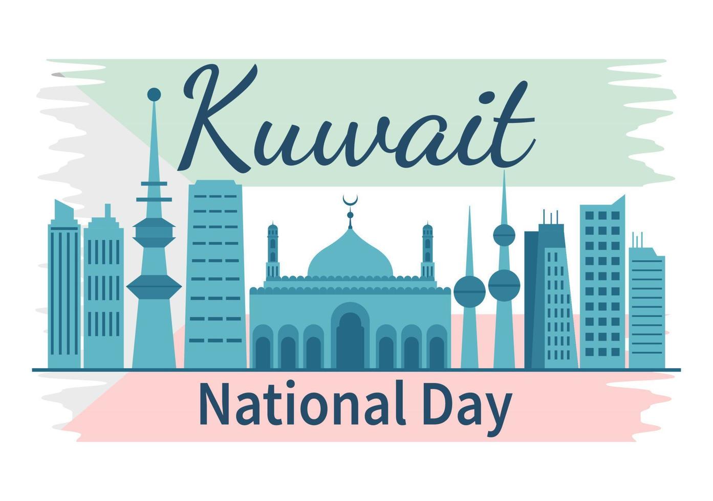 día nacional de kuwait el 25 de febrero con bandera ondeante y celebración de la independencia en dibujos animados planos dibujados a mano ilustración de plantillas vector