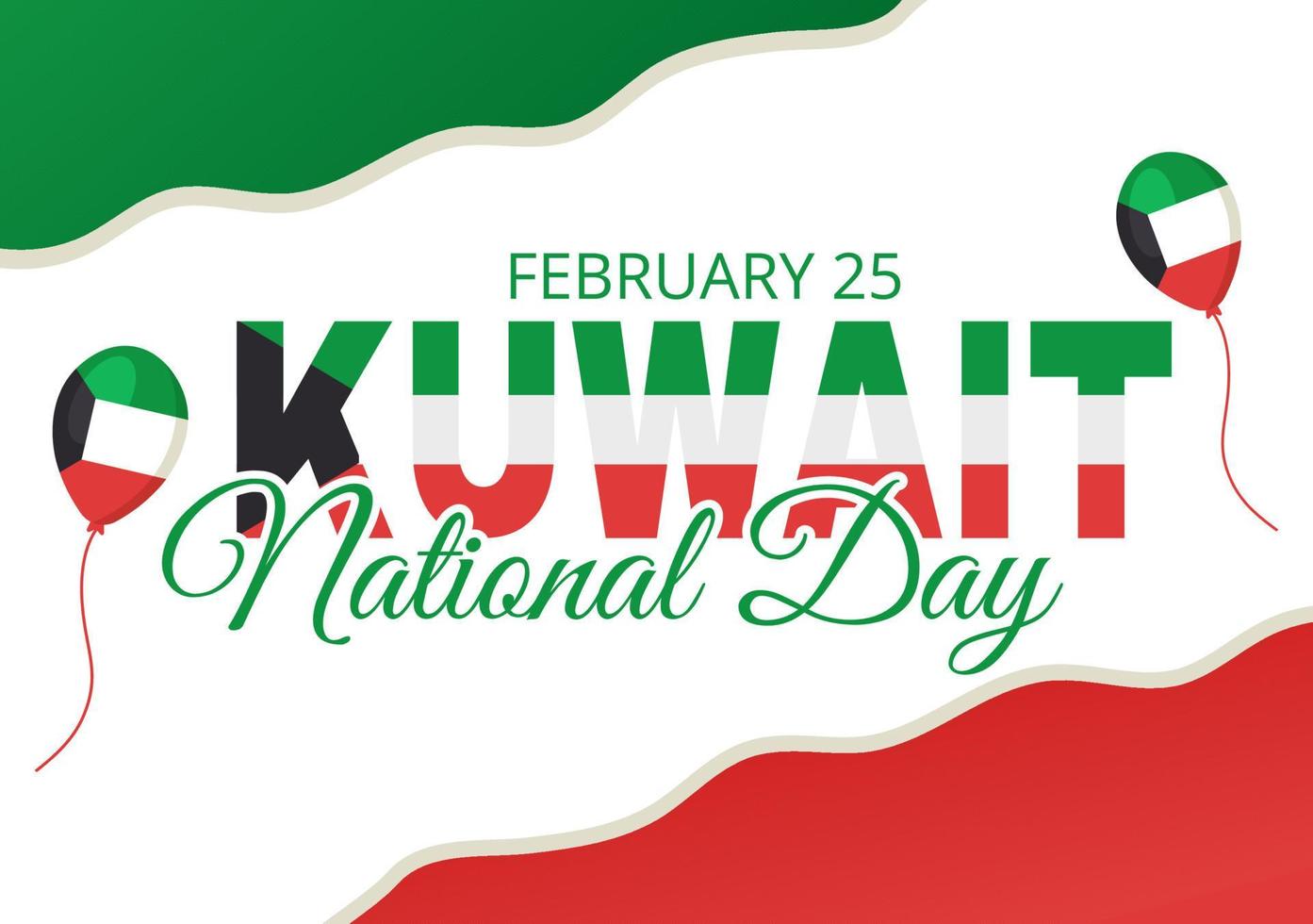 National Kuwait Day on February 25th with Waving Flag and Independence Celebration in Flat Cartoon Hand Drawn Templates Illustration vector