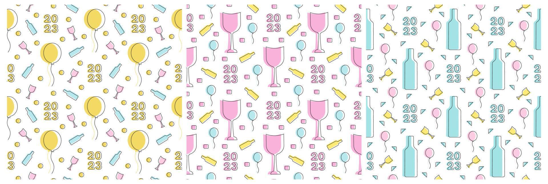 Set of Happy New Year 2023 Seamless Pattern Design with Decoration in Template Hand Drawn Cartoon Flat Illustration vector