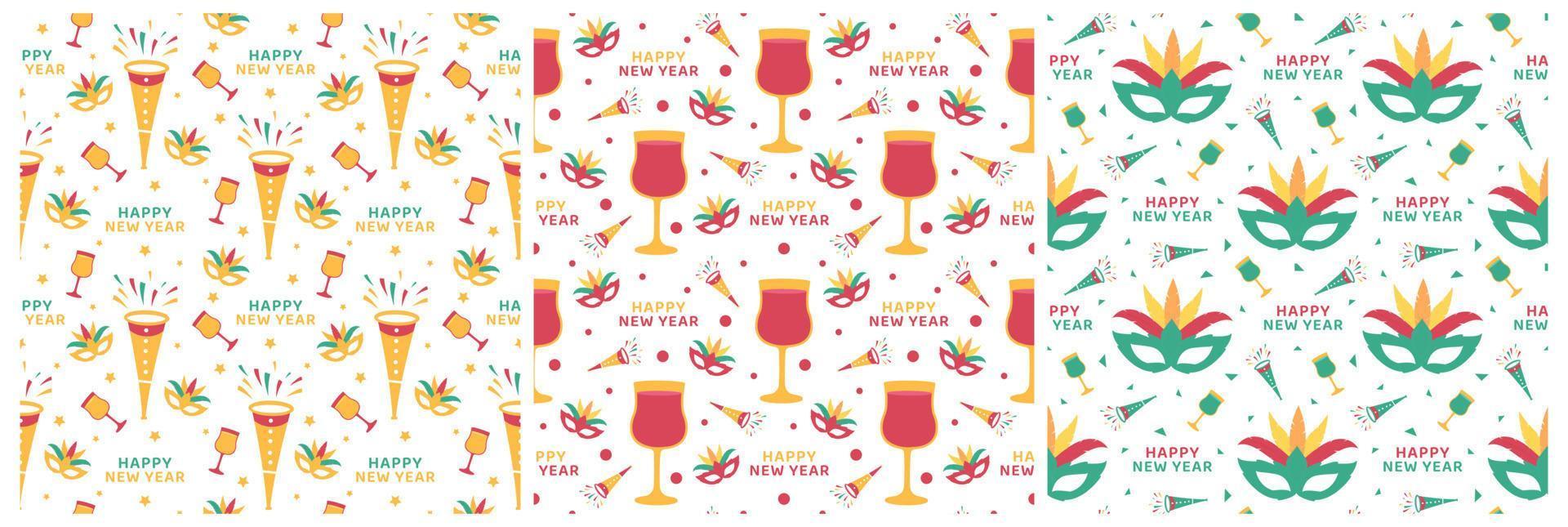 Set of Happy New Year 2023 Seamless Pattern Design with Decoration in Template Hand Drawn Cartoon Flat Illustration vector