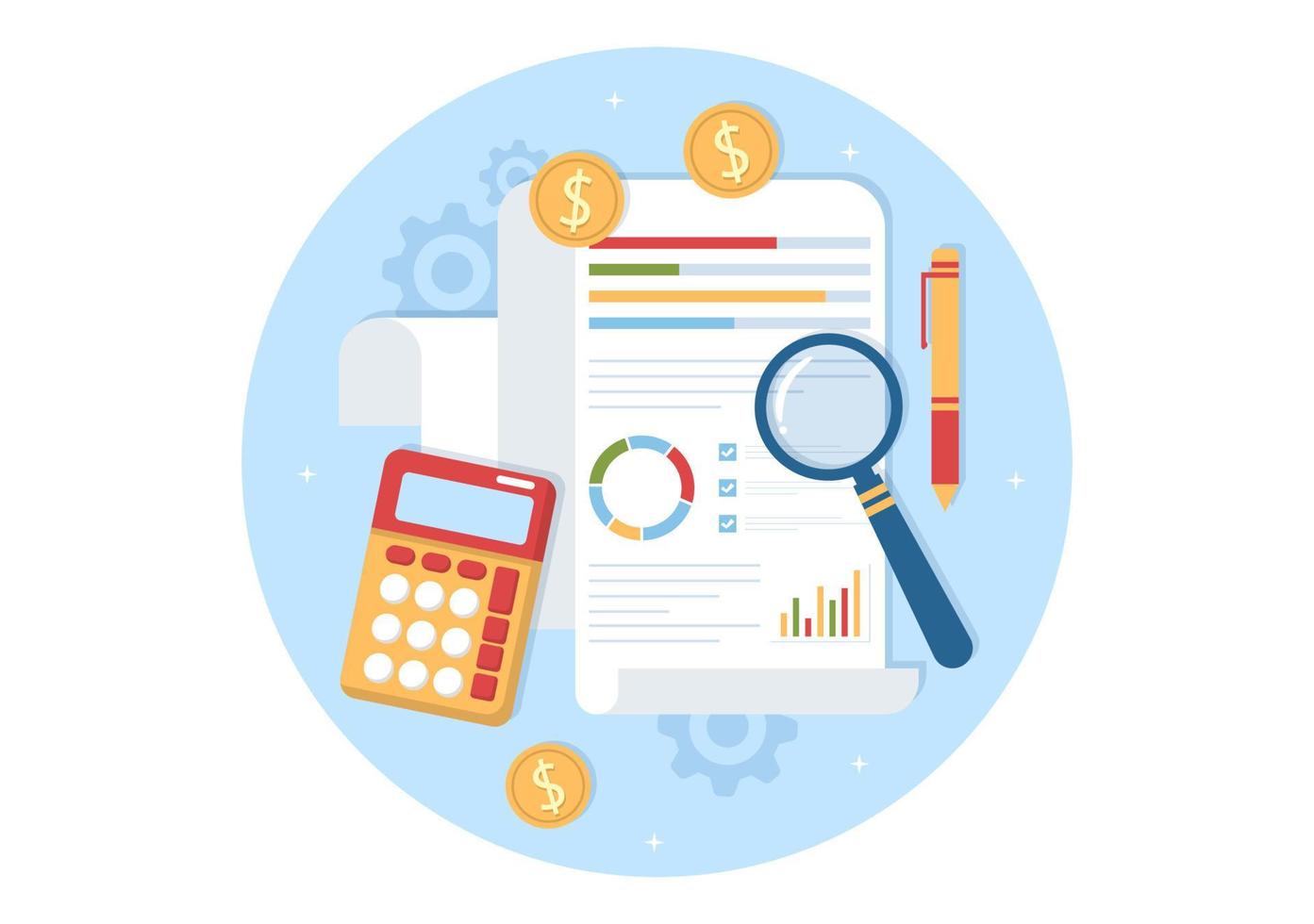 Business Audit of Documents with Charts, Accounting, Calculations and Financial Report Analytics in Flat Cartoon Hand Drawn Templates Illustration vector