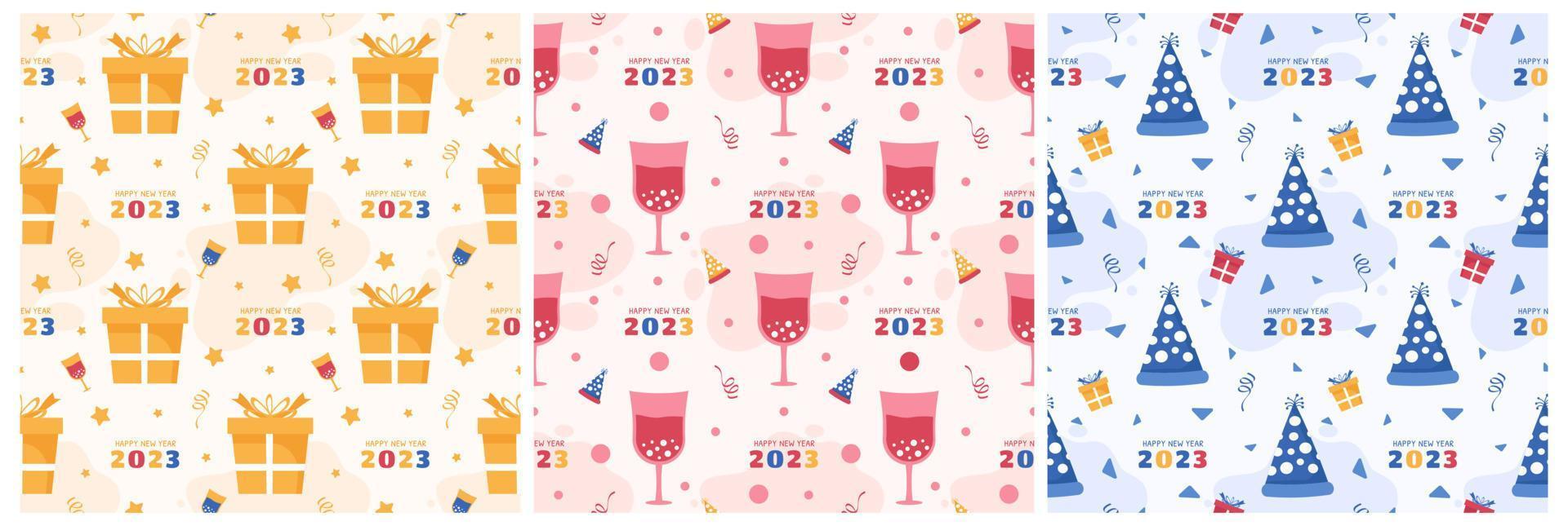 Set of Happy New Year 2023 Seamless Pattern Design with Decoration in Template Hand Drawn Cartoon Flat Illustration vector