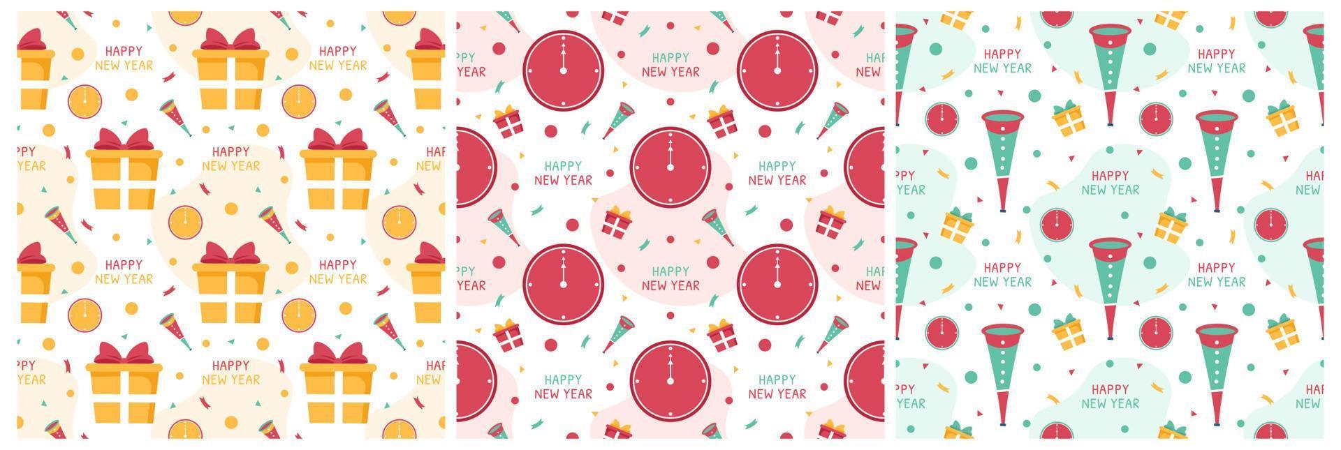 Set of Happy New Year 2023 Seamless Pattern Design with Decoration in Template Hand Drawn Cartoon Flat Illustration vector