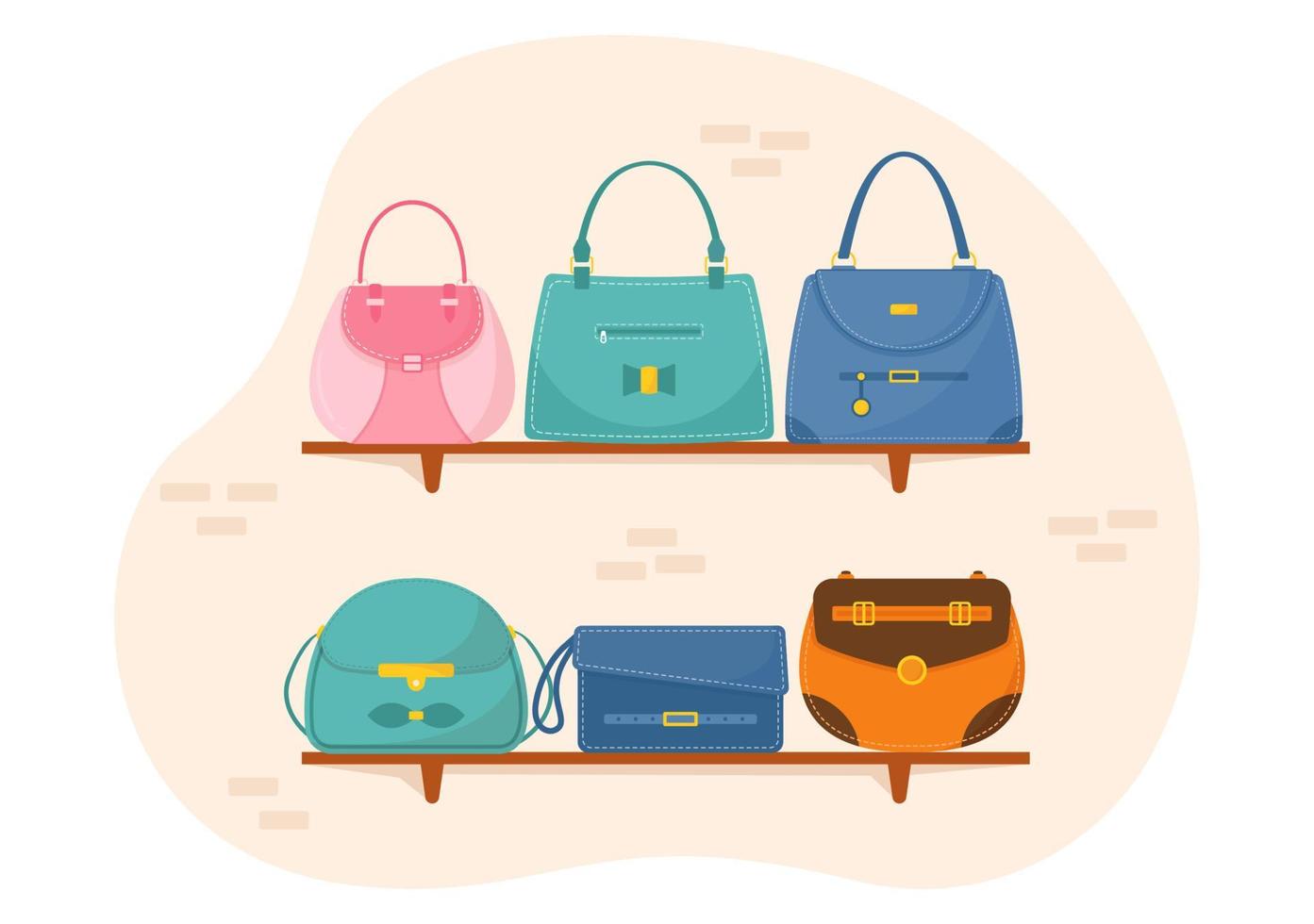 tienda de bolsos con colección de varios bolsos de calidad y diferentes tipos de estilo de vida en ilustración de plantilla de caricatura dibujada a mano plana vector