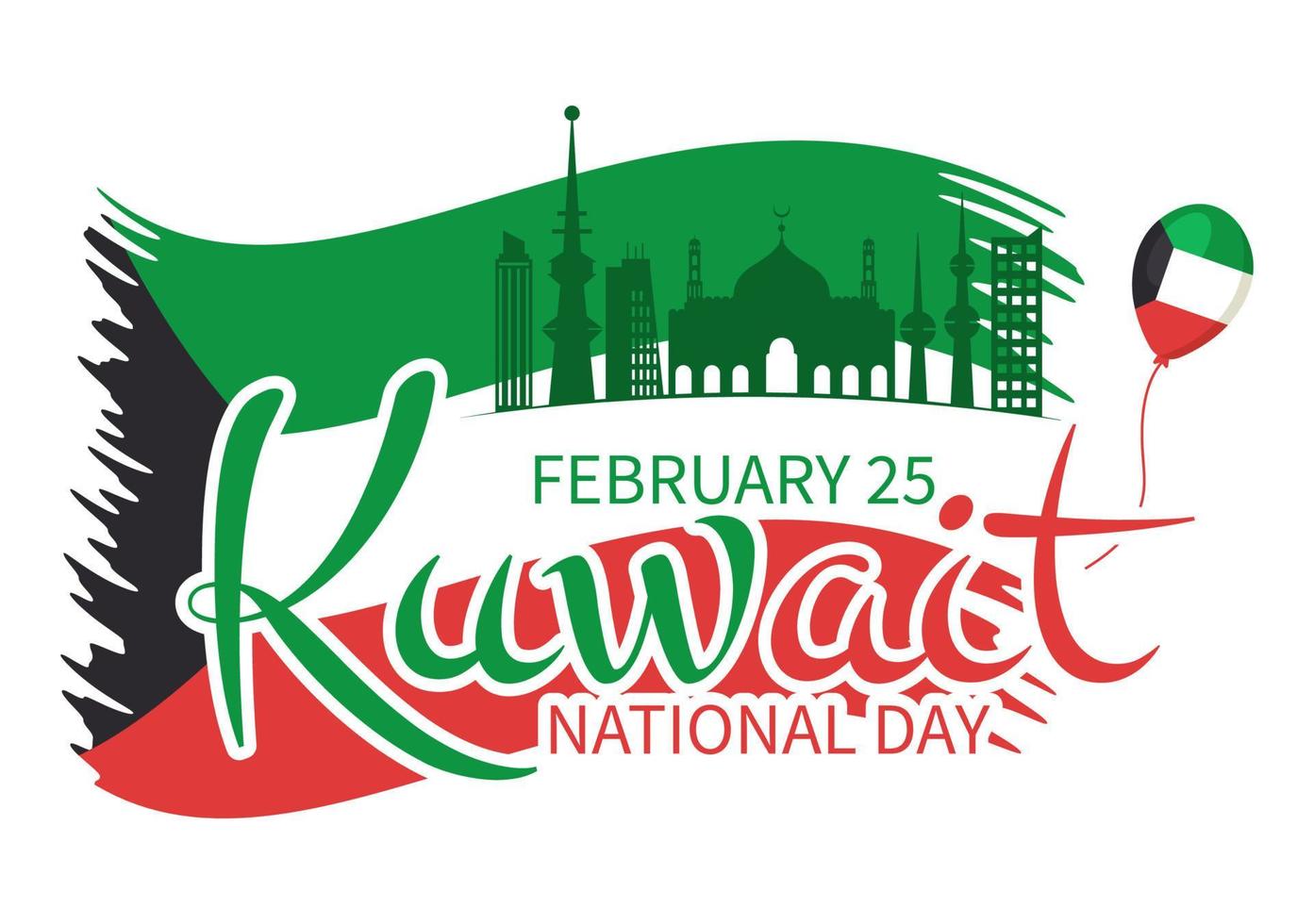 día nacional de kuwait el 25 de febrero con bandera ondeante y celebración de la independencia en dibujos animados planos dibujados a mano ilustración de plantillas vector