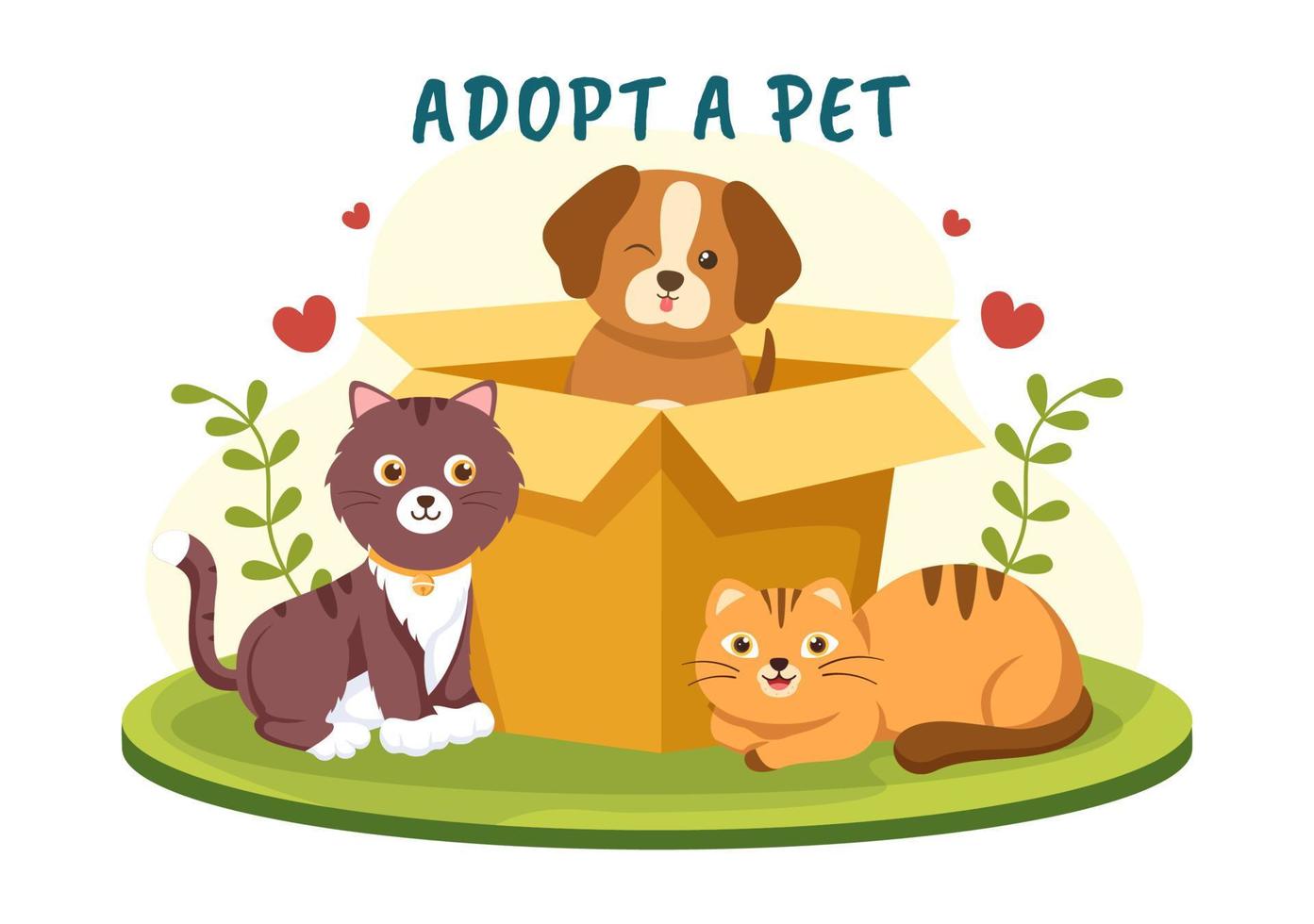 Adopt a Pet From an Animal Shelter in the Form of Cats or Dogs to Care for and Look After in Flat Cartoon Hand Drawn Templates Illustration vector