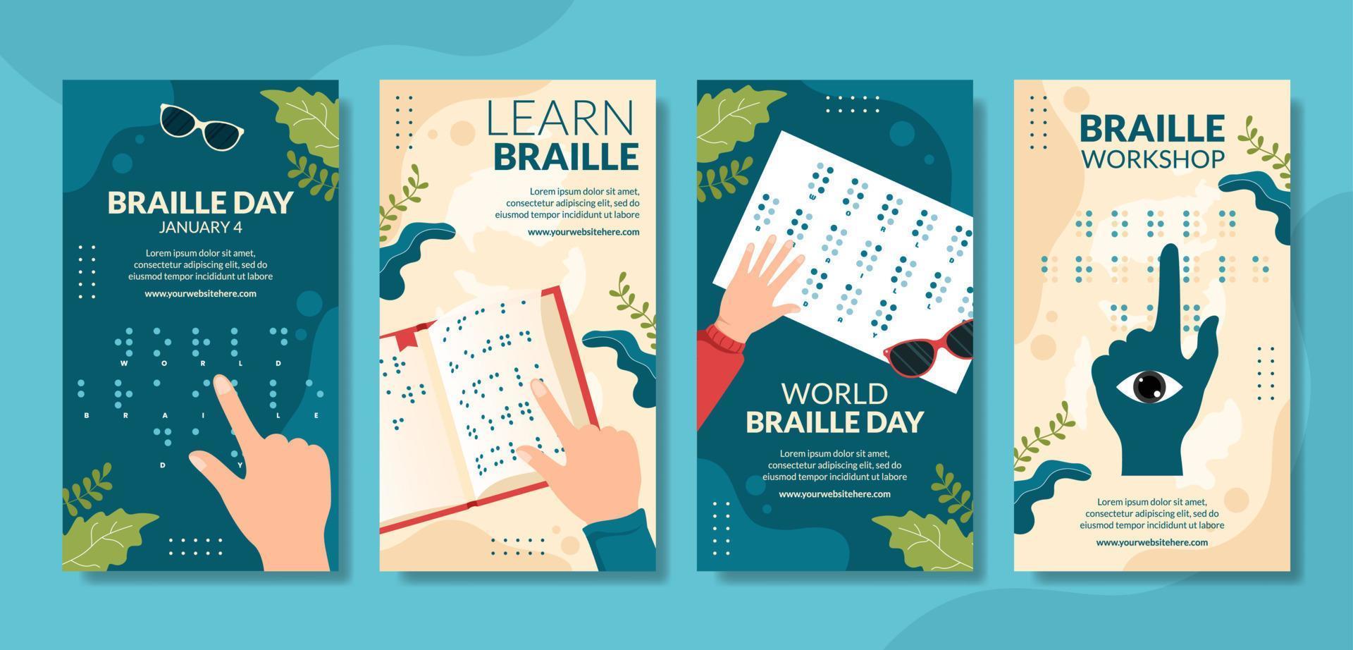 ilustración de plantillas dibujadas a mano de dibujos animados planos de historias de redes sociales del día mundial de braille vector