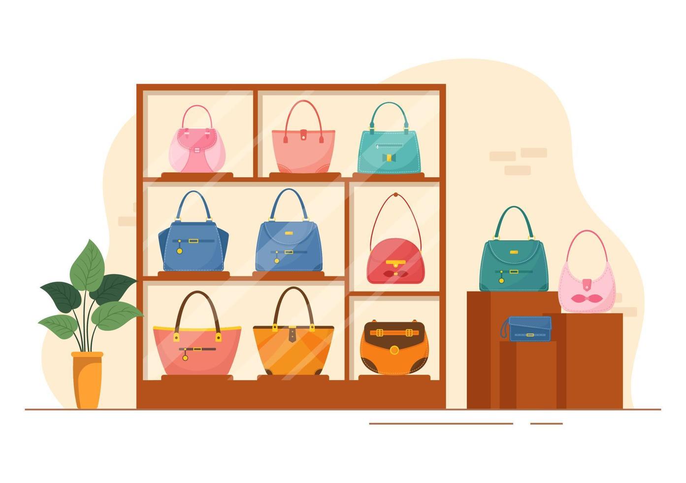 tienda de bolsos con colección de varios bolsos de calidad y diferentes tipos de estilo de vida en ilustración de plantilla de caricatura dibujada a mano plana vector