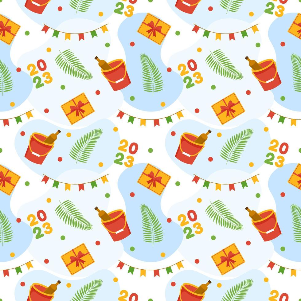 Happy New Year 2023 Seamless Pattern Design with Decoration in Template Hand Drawn Cartoon Flat Illustration vector
