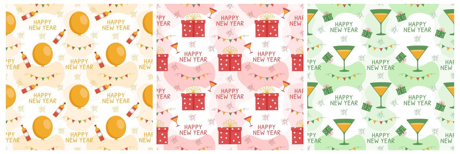 Set of Happy New Year 2023 Seamless Pattern Design with Decoration in Template Hand Drawn Cartoon Flat Illustration vector