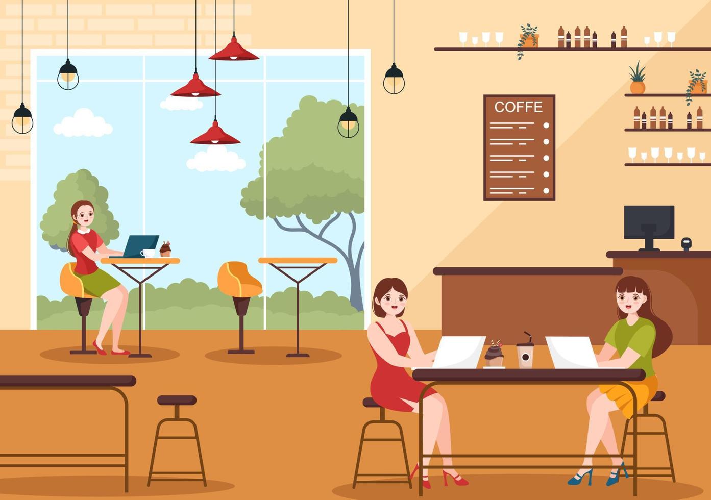 Internet Cafe of Young People Playing Games, Workplace use a Laptop, Talking and Drinking in Flat Cartoon Hand Drawn Templates Illustration vector