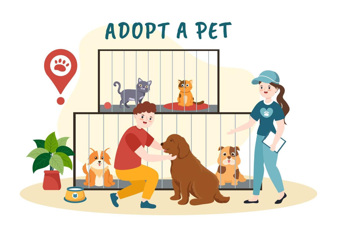 Adopt a Pet From an Animal Shelter in the Form of Cats or Dogs to Care for and Look After in Flat Cartoon Hand Drawn Templates Illustration vector