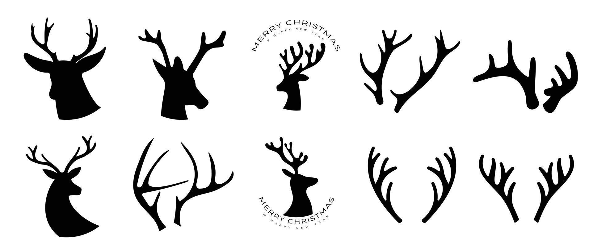 Set of antlers vector illustration. Collection of black deer antlers and horns silhouette isolated on white background. Design suitable for sticker, card, comic, print, poster, logo, decoration.