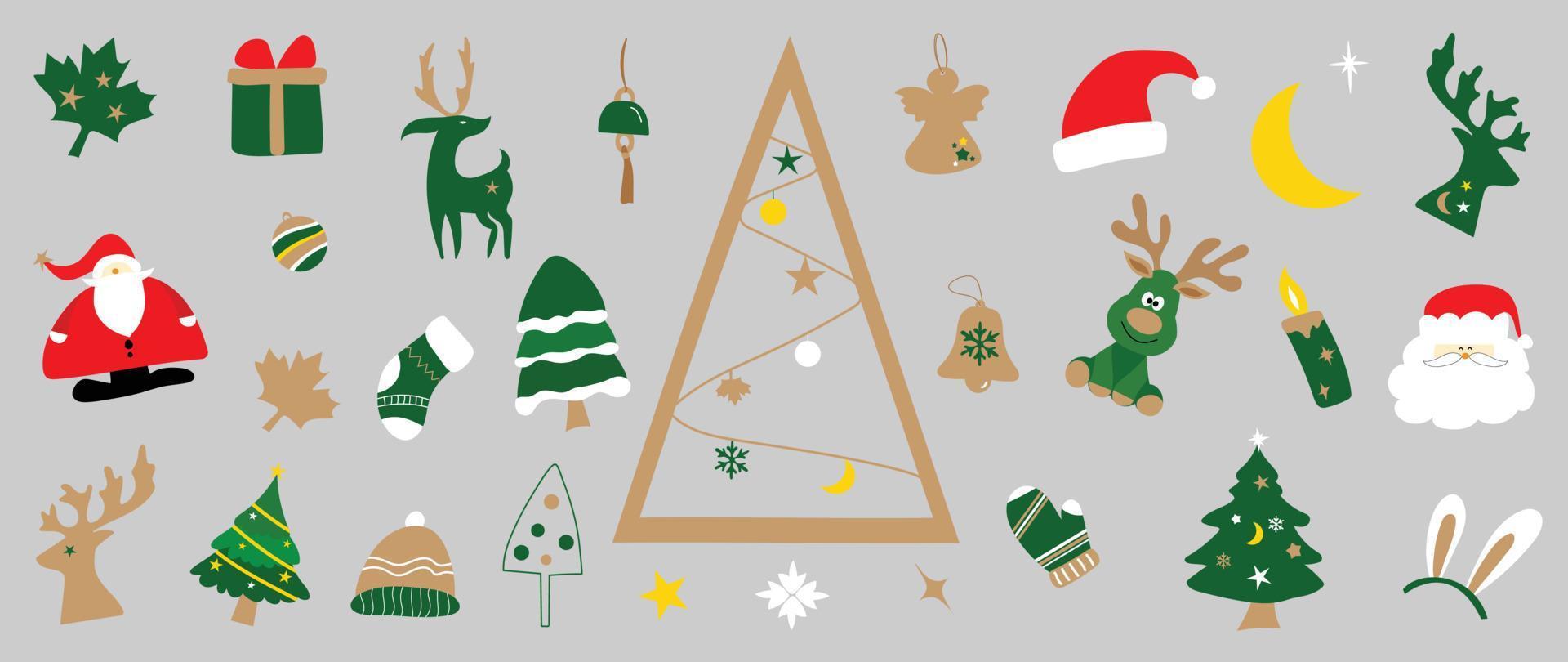 Set of christmas elements doodle style vector. Collection of decorative christmas tree, santa claus, cute reindeer, present. Design illustration for decoration, card, poster, cover, print, comic. vector