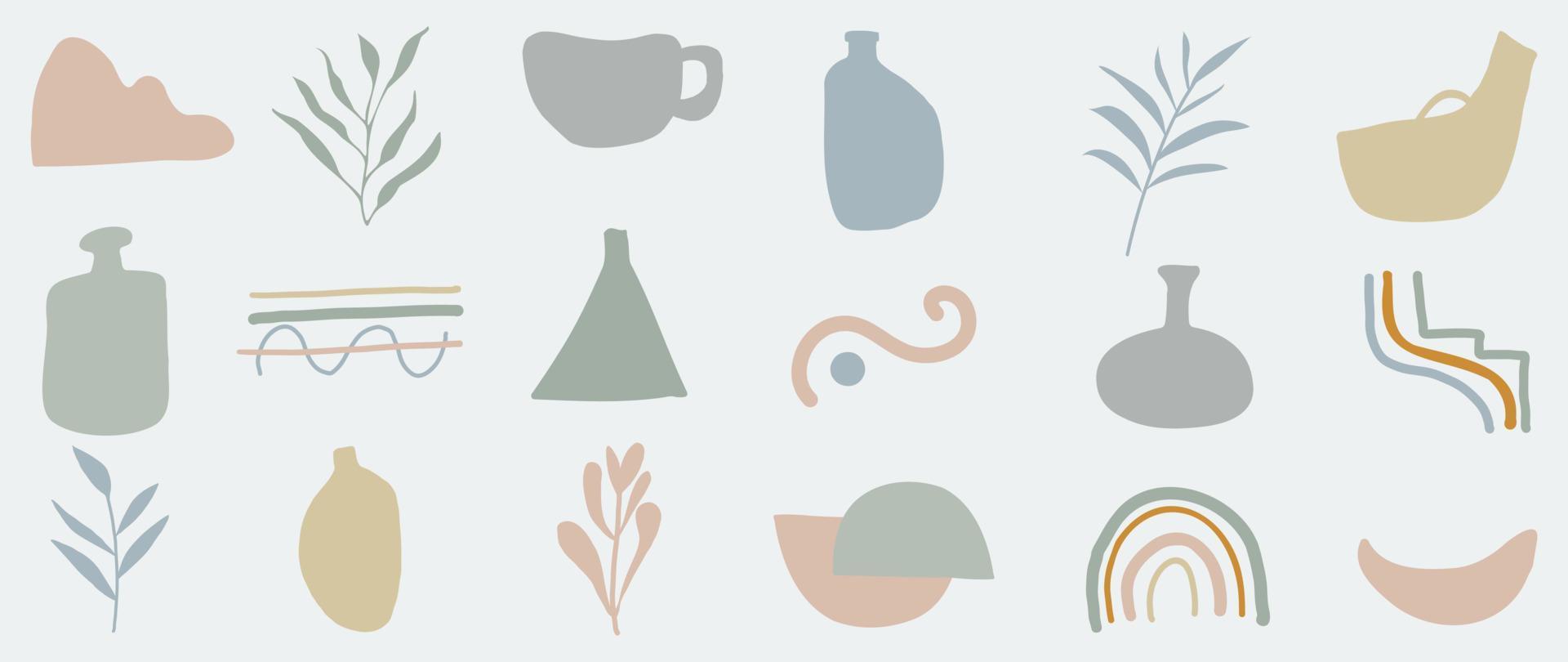 Doodle elements vector set. Hand drawn pastel color, minimal and doodle style collection of organic shapes, leaf branch, flower, crescent moon, vase. Design illustration for sticker, comic, print.
