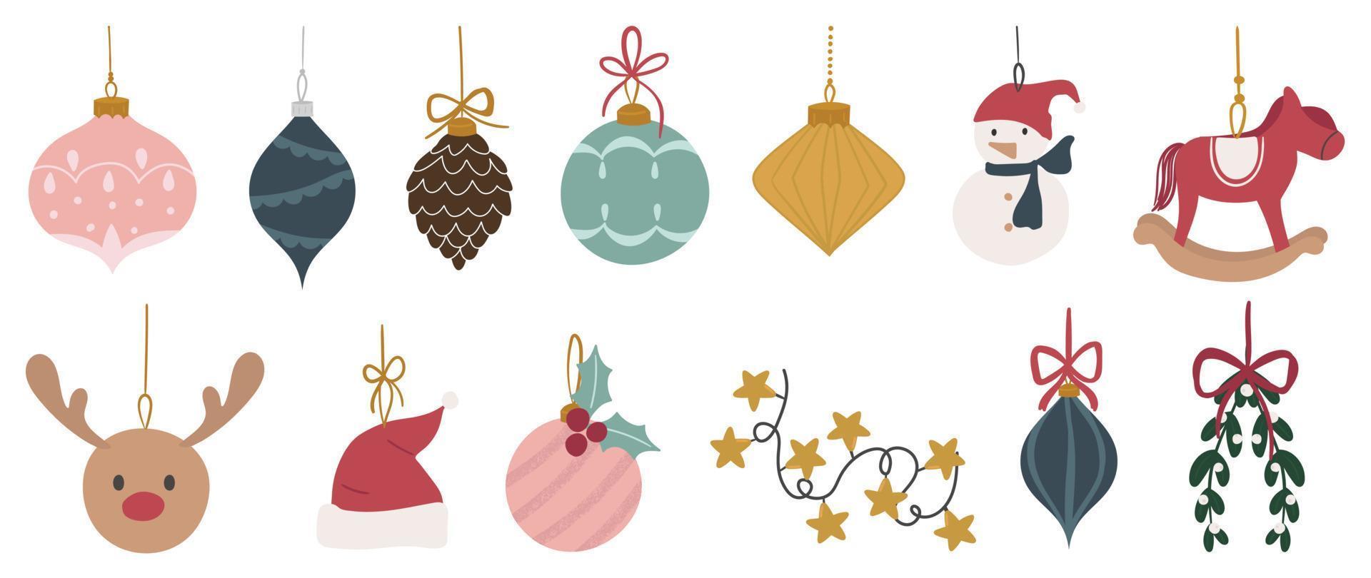 Set of decorative christmas hanging bauble vector illustration. Collection of christmas balls, santa hat, pine cone, star light wire, reindeer. Design for sticker, card, print, poster, decoration.